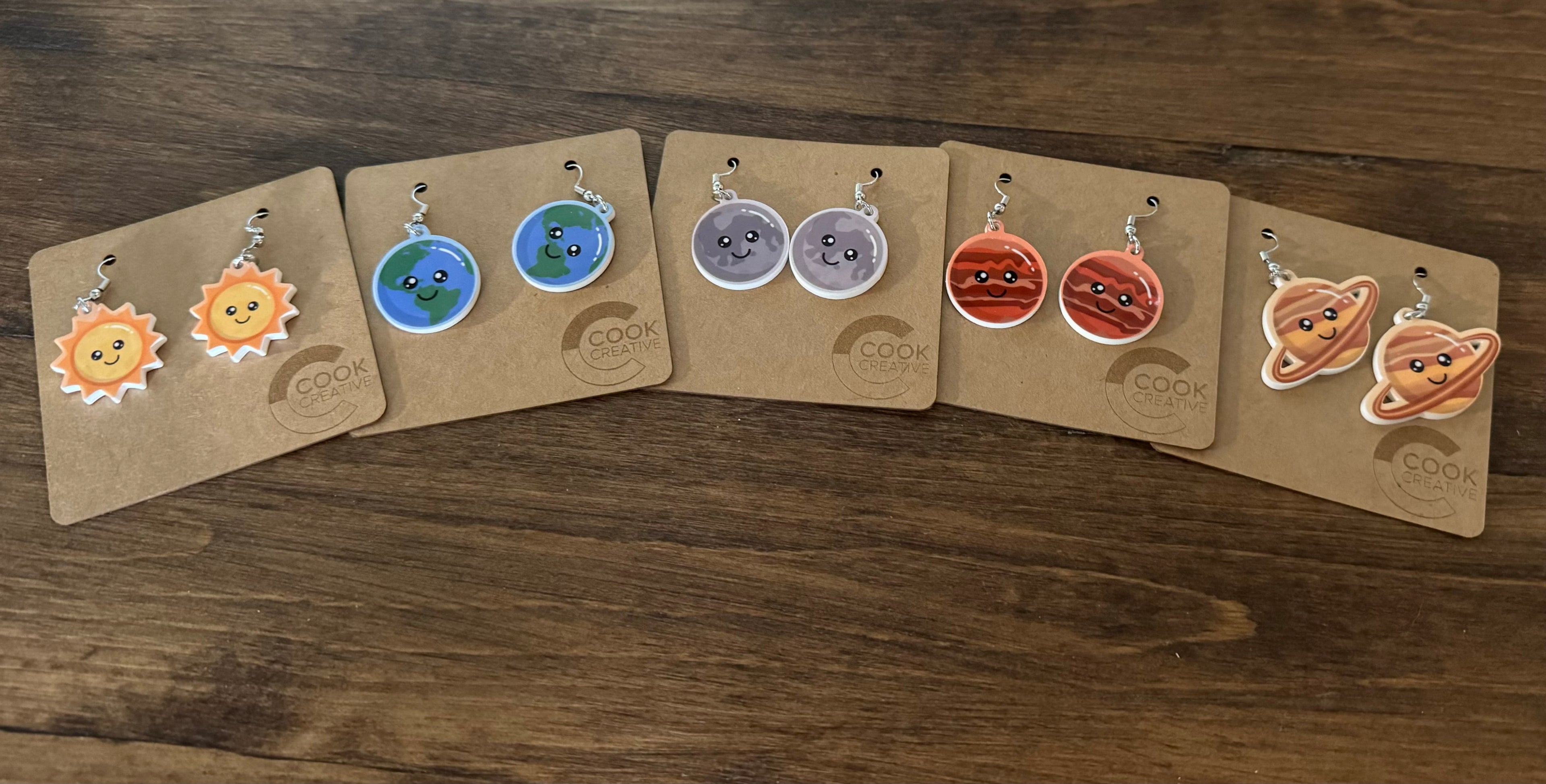 Planets Earrings - Sun, Earth, Moon, Mars, and Saturn